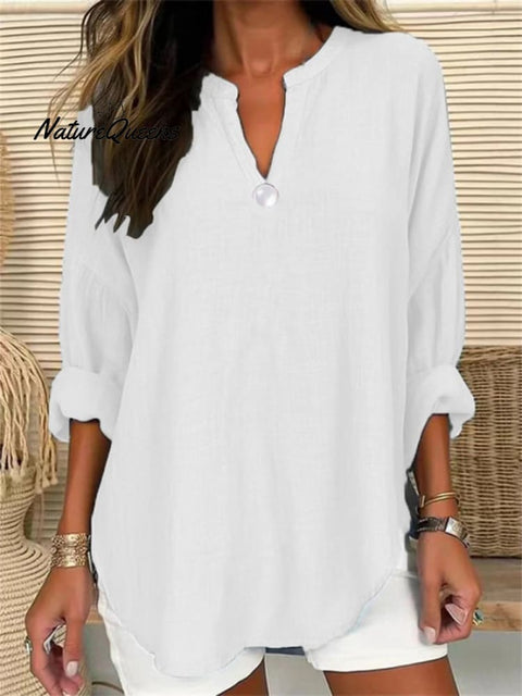 Women’s Retro Casual V - Neck Solid Color One - Button Top White / S