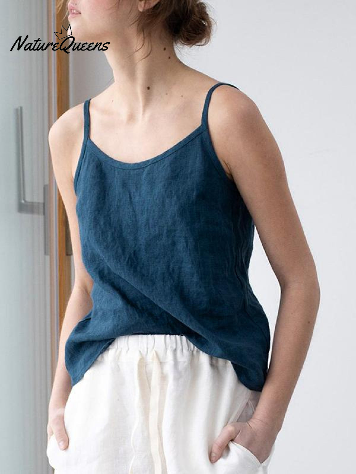 Spaghetti Strap Linen Blend Top Dark Blue / S