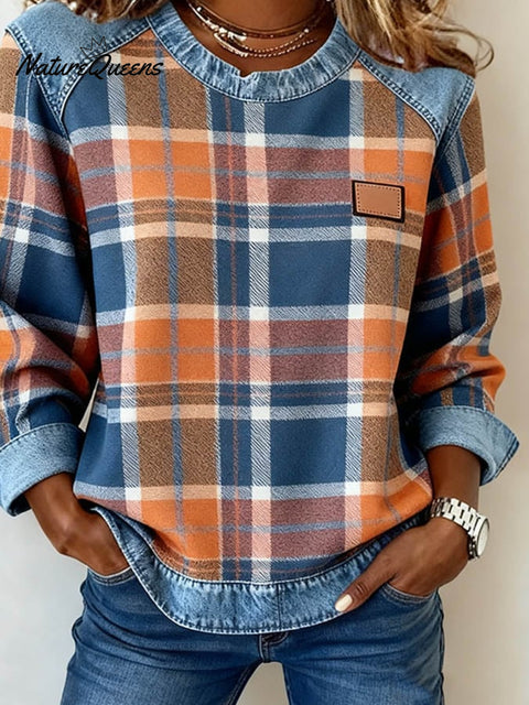 Women'S Casual Round Neck Denim Patchwork Plaid Print Pullover Sweatshirt