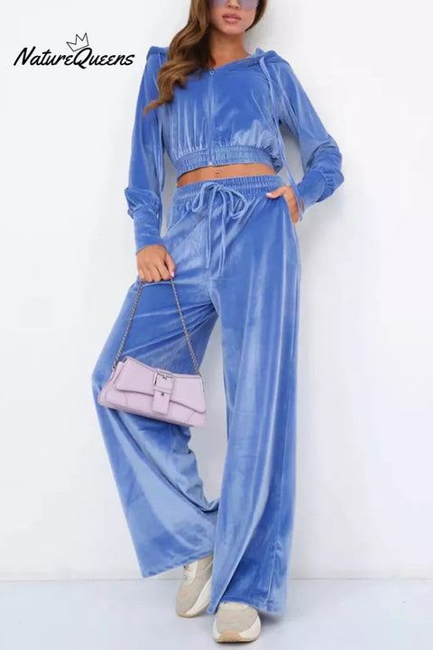 Solid Color Velvet Hooded Zip-up Sweatshirt and Elastic Waist Casual Pocket Straight-leg Pants Set
