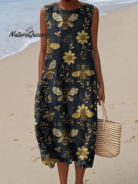 Women's Bees And Flowers Botanical Art Print Crew Neck Tank Midi Dress