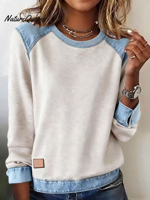 Women'S Casual Round Neck Denim Stitching Pullover Sweatshirt