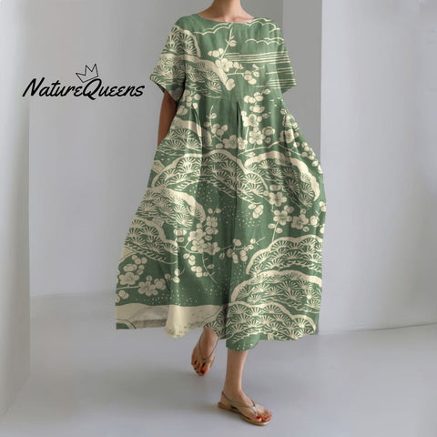 Japanese Art Plum Blossom Printed Crew Neck Casual Midi Dress