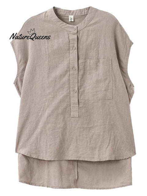 Ladies Casual Sleeveless Shirt With Stand Collar Button Design