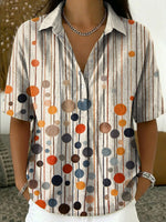Women's Retro Color-block Polka Dot & Stripe Cotton-linen Short-sleeve Shirt