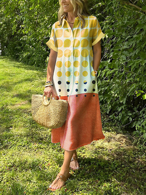 Geometric Printed Lapel Button Up Dress