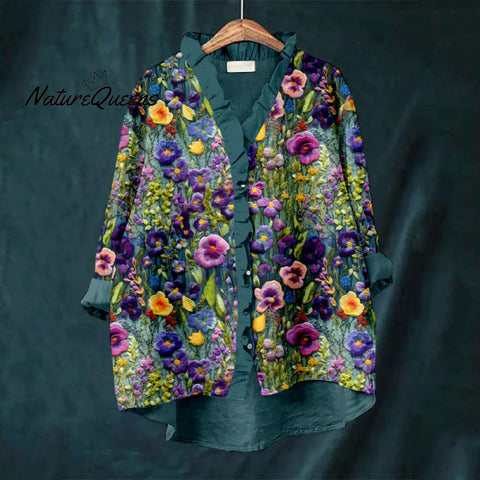 Elegant Violet Wildflower Embroidery Art Ruffle Trim Linen Blouse