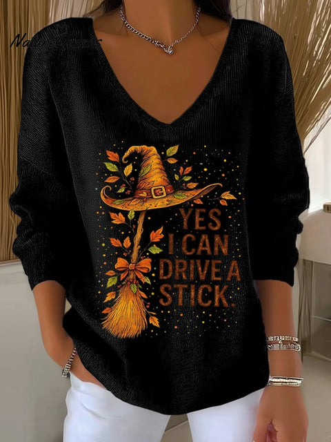 Women's Yes I Can Drive A Stick Print V Neck Sweater