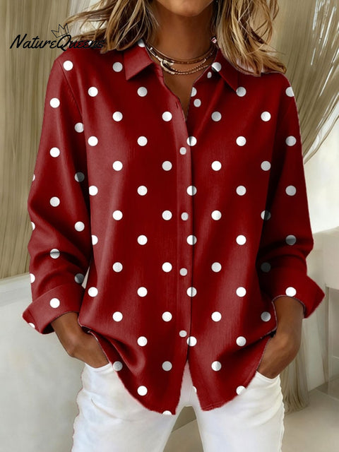 Women's Christmas Contrast Polka Dot Print Casual Lapel Shirt