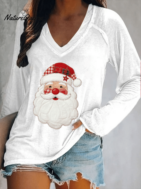 Women's Santa Claus Print V-Neck T-Shirt