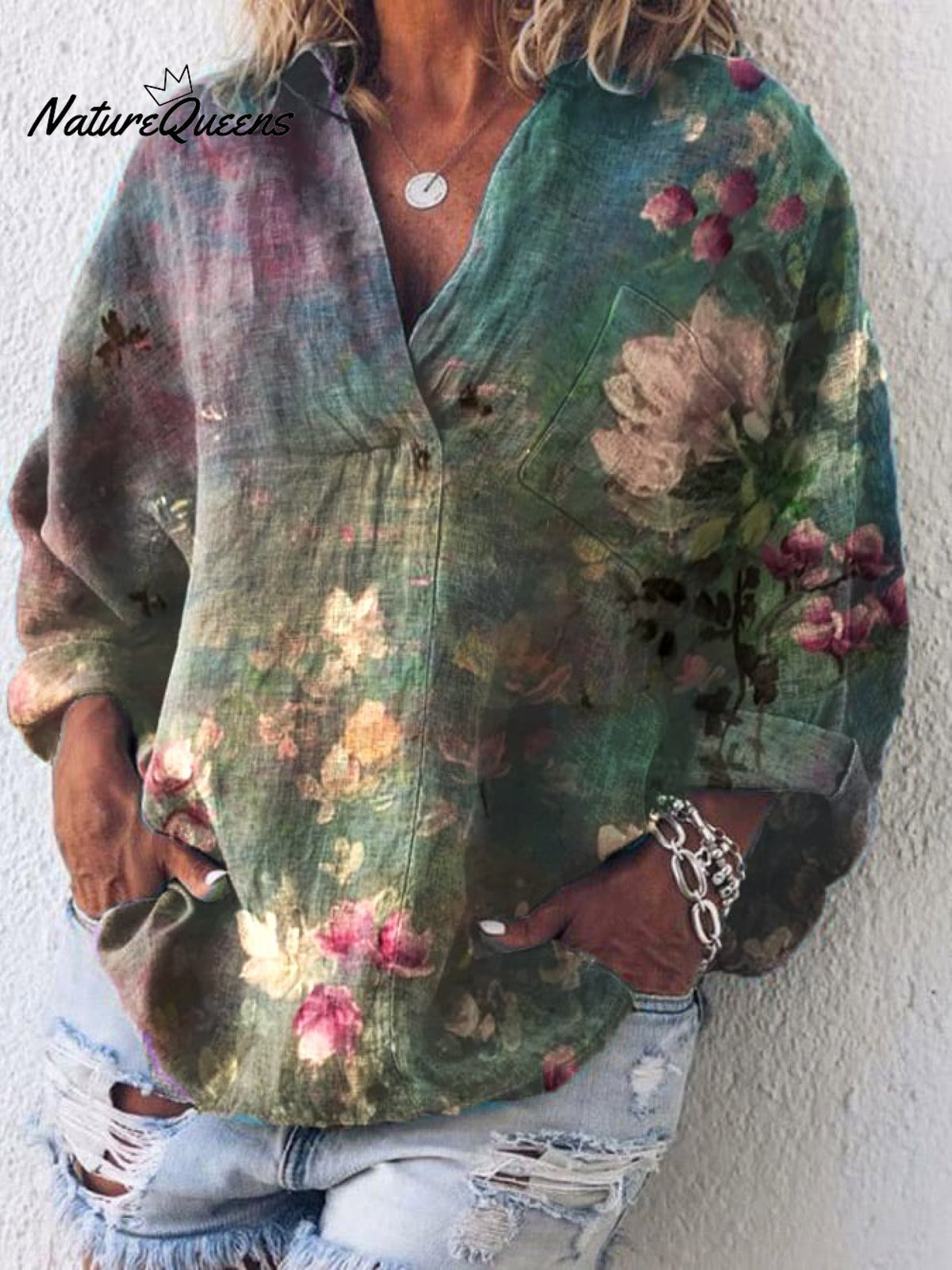 Women's Print Casual Long Sleeve V-Neck Shirt