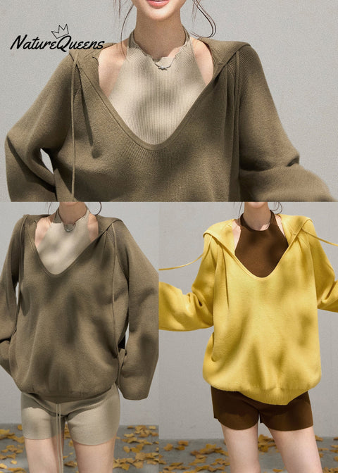 Women Yellow Hooded Knit Pullover Sweatshirt Fall