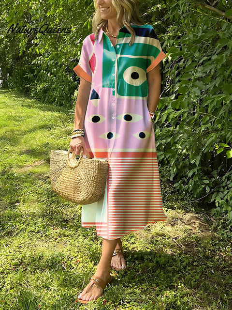 Abstract Graphic Printed Lapel Button Up Dress