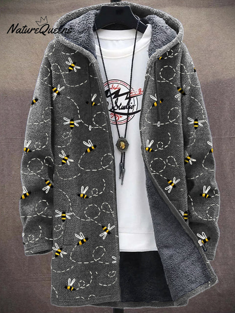 Men's Flying Bees Embroidered Cozy Plush Hooded Coat