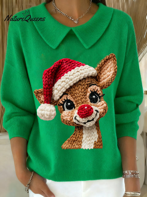 Women's Winter Christmas Cute Deer Print Lapel Top