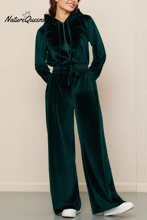 Solid Color Velvet Hooded Zip-up Sweatshirt and Elastic Waist Casual Pocket Straight-leg Pants Set
