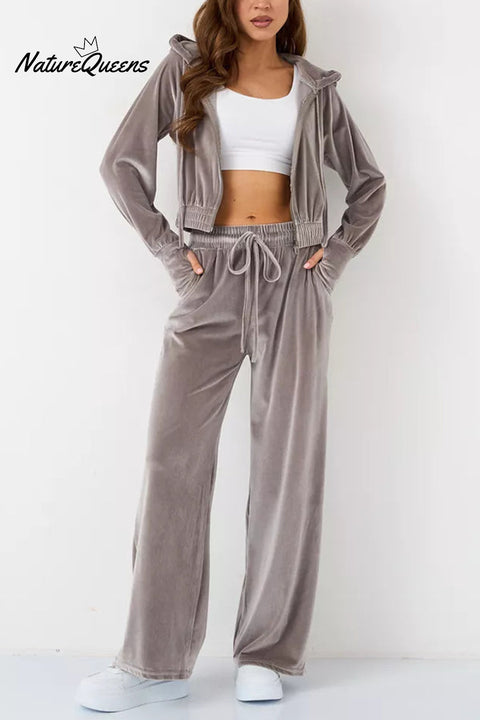 Solid Color Velvet Hooded Zip-up Sweatshirt and Elastic Waist Casual Pocket Straight-leg Pants Set
