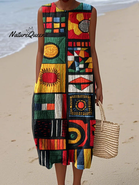 Juneteenth Black Pride African Geometric Art Linen Tank Dress