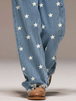 Casual Retro Five-star Print Frayed Wide-leg Light Blue Jeans