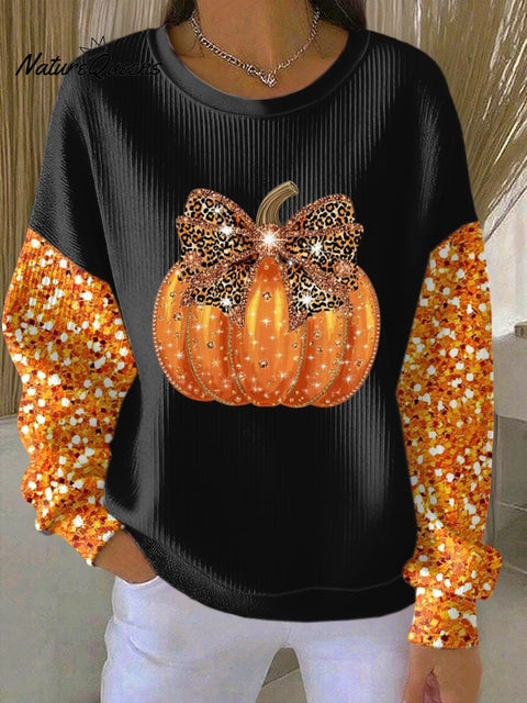 Women's Thankful Print Knitted Crew Neck Long Sleeve Top