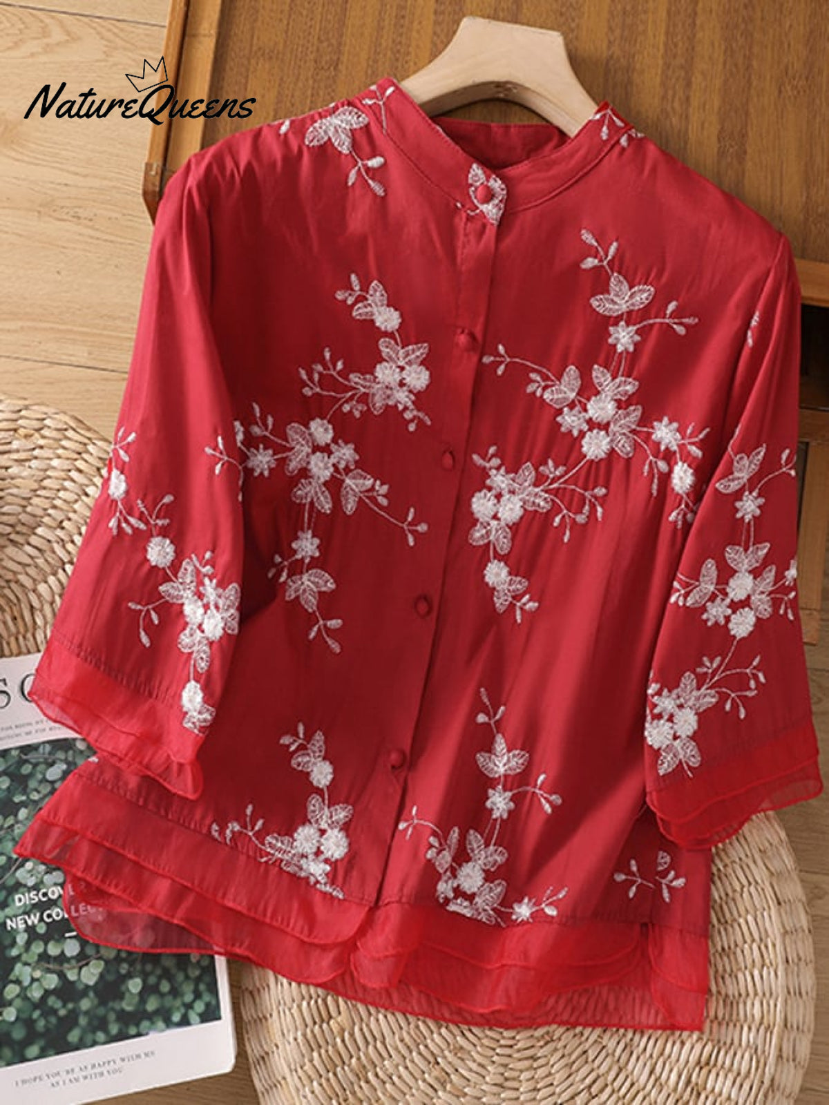 Art Retro Embroidery 3/4 Sleeve Patchwork Shirt