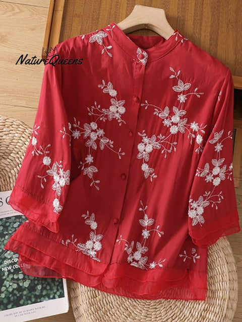 Art Retro Embroidery 3/4 Sleeve Patchwork Shirt