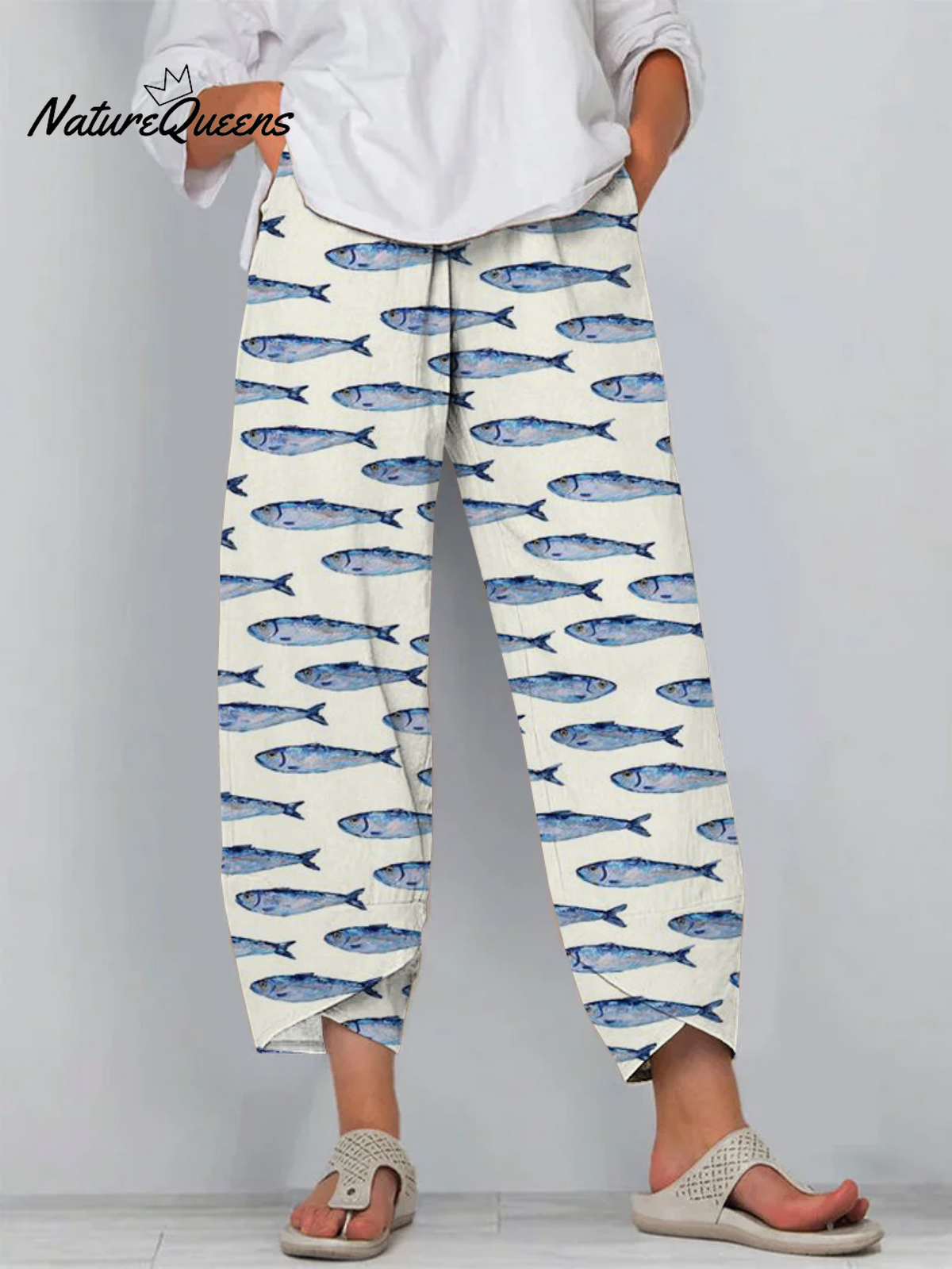 Japanese White Sardines Art Print Cropped Pants