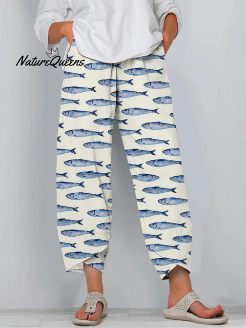 Japanese White Sardines Art Print Cropped Pants