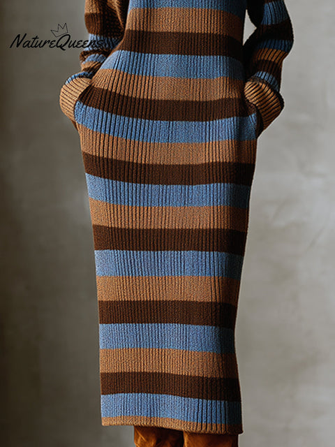 Artisan Horizon Earthy Stripes Ribbed Knit Midi Dress