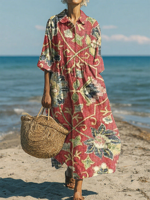 Women's Casual Cotton-Linen Peter Pan Collar 3/4 Sleeve Dress