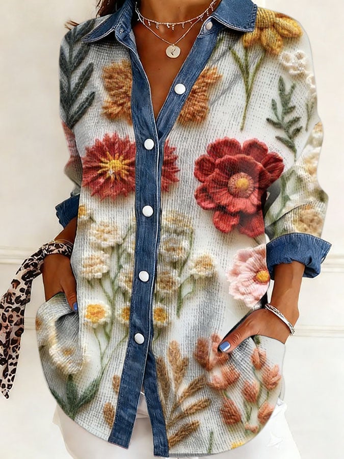 Women's Retro Botanical And Floral Patchwork Art Design Print Lapel Waffle Knit Shirt