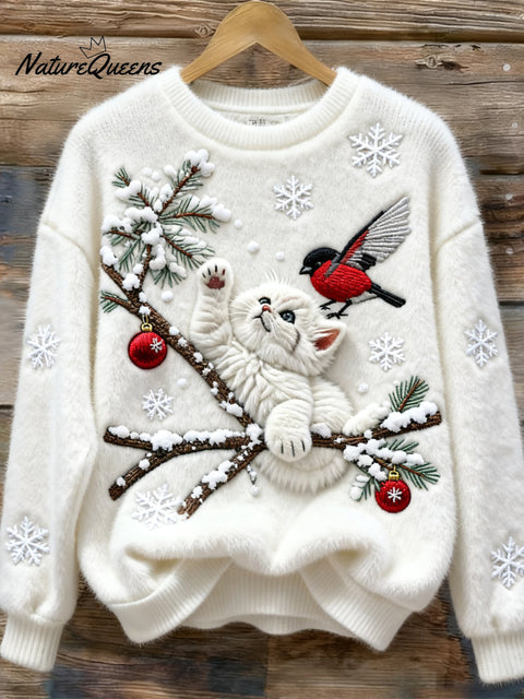 Christmas Cat & Bird Embroidered Women's Soft Plush Sweater