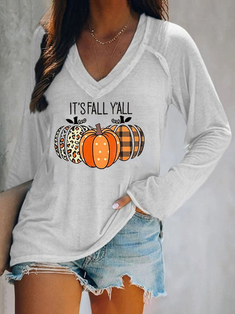 Halloween Bats Print V-neck  Long Sleeve Casual T-Shirt