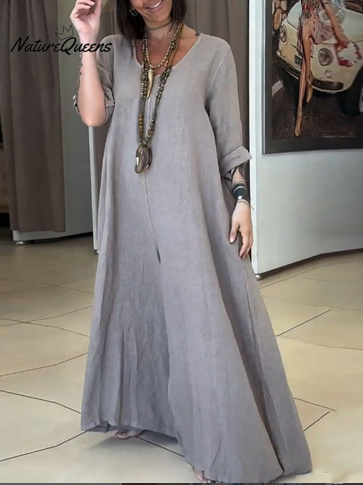 Women's Casual Solid Color V-Neck Mid-Sleeve Cotton and Linen Jumpsuit