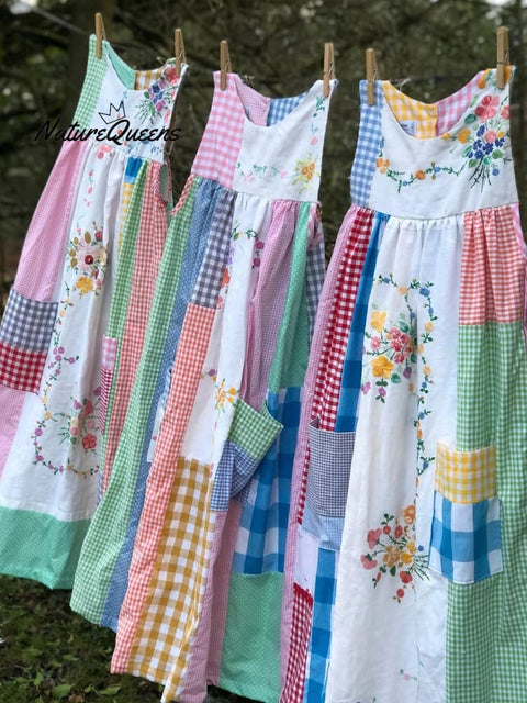 Women's Retro Plaid Pattern Floral Patch Art Sleeveless Linen Dress