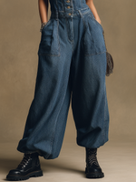 Retro Sporty V-neck Sleeveless Single-breasted Denim Jumpsuit