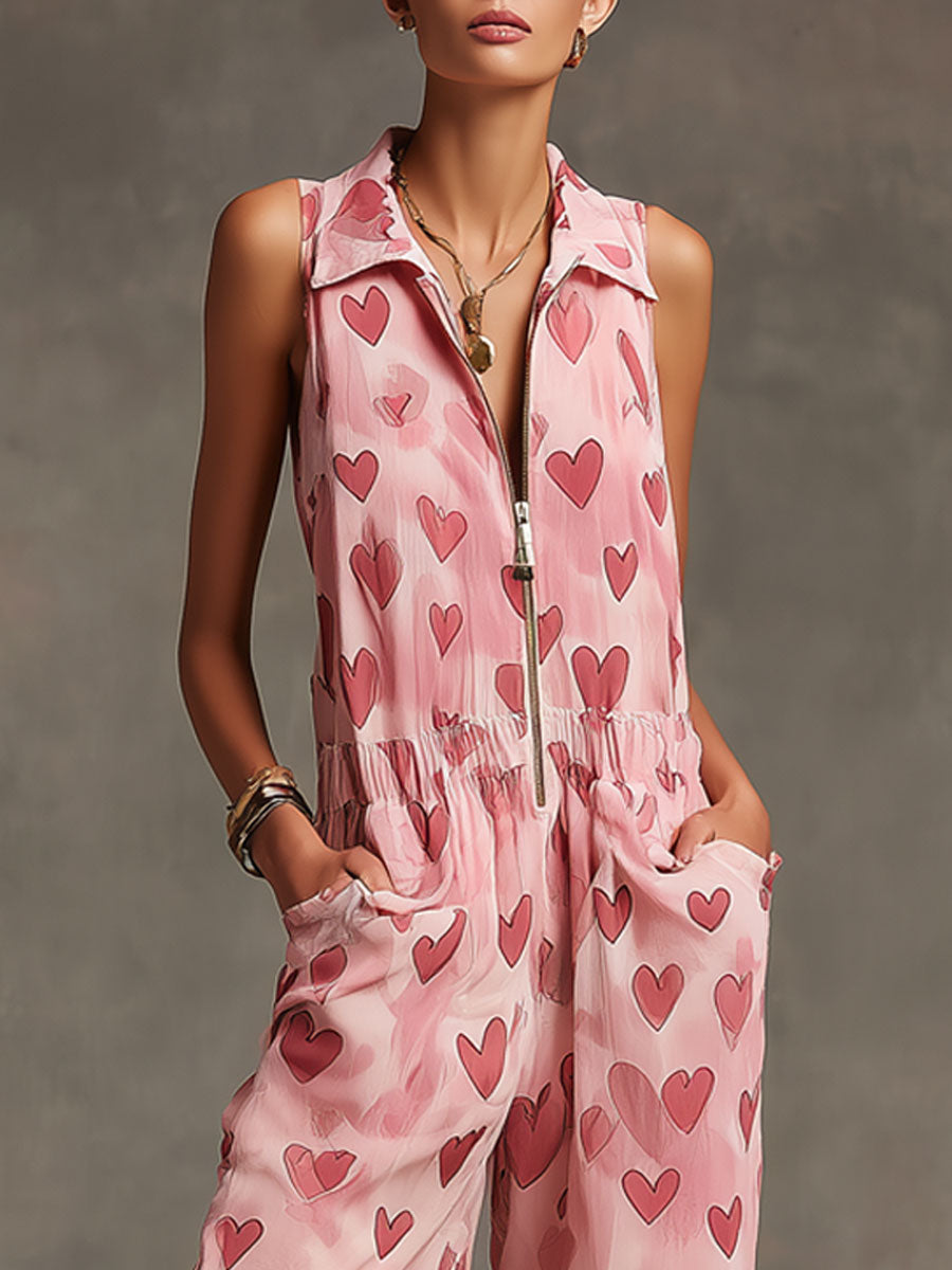Retro Pink Heart Chiffon Sleeveless Wide-Leg Jumpsuit
