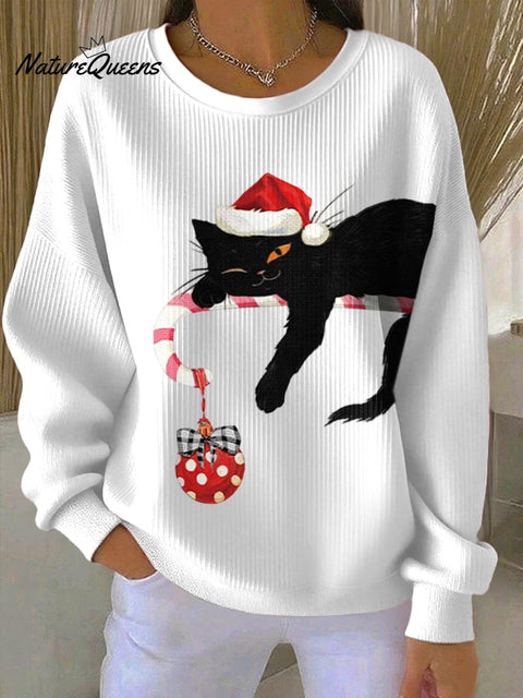 Women's Retro Christmas Cat Print Round Neck Sweatshirt