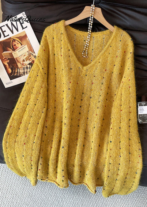 Handmade Yellow Embroidered Sequins Knit Sweater Fall