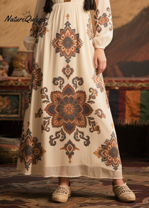 Loose White V Neck Print Chiffon Holiday Dress Fall