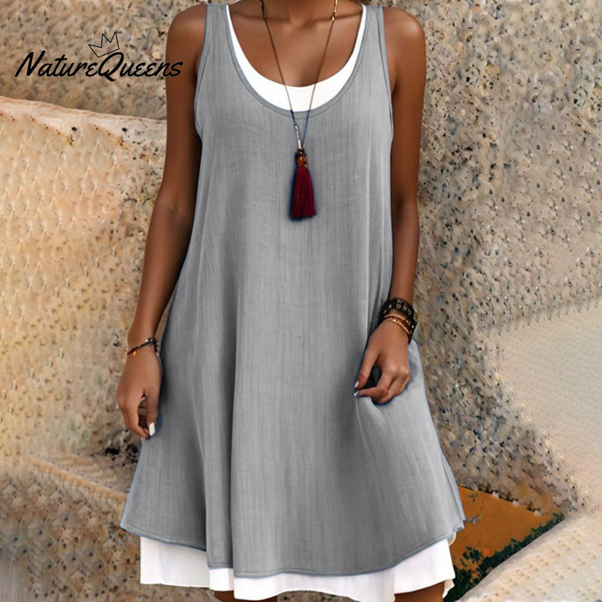 Casual Sleeveless Fake Two Piece Midi Dress Gray / S