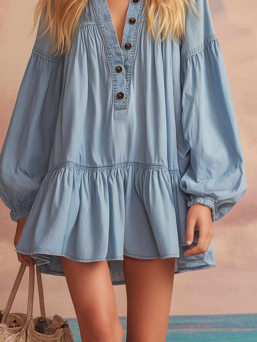Elegant Western Loose V-neck Front Button Ruffled Hem Light Blue Denim Mini Dress