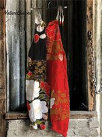 Japanese Art Red Floral Print Linen Blend Loose Casual Jumpsuit
