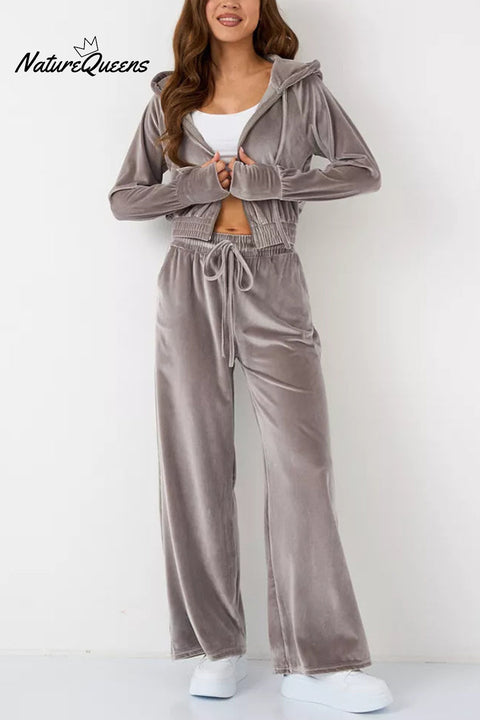 Solid Color Velvet Hooded Zip-up Sweatshirt and Elastic Waist Casual Pocket Straight-leg Pants Set
