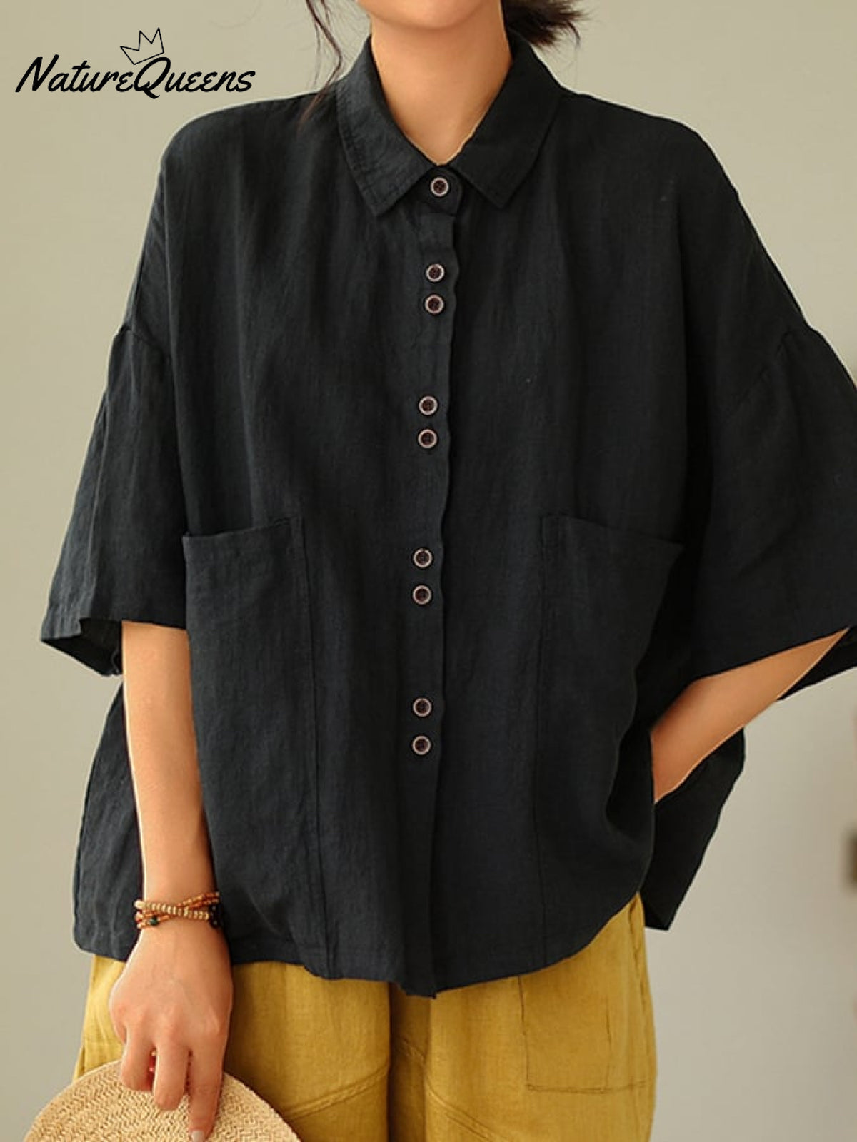 Women's Retro Lapel Solid Color Casual Cotton And Linen Shirt