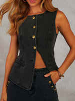 Denim Button Sleeveless Vest & Wide Leg Jeans 2Pcs Set
