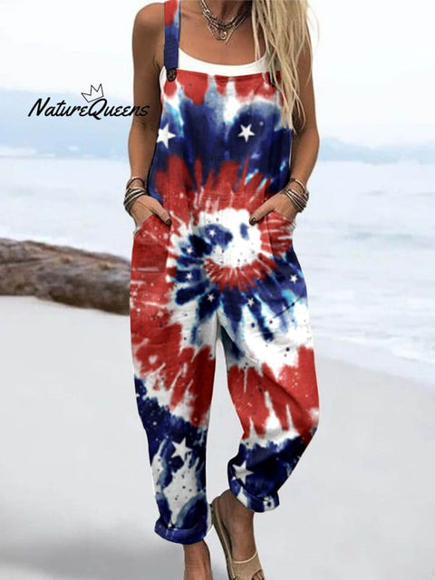 Wome'S American Flag Tie Dye Pattern Print Casual Cotton Wide Leg Jumpsuit