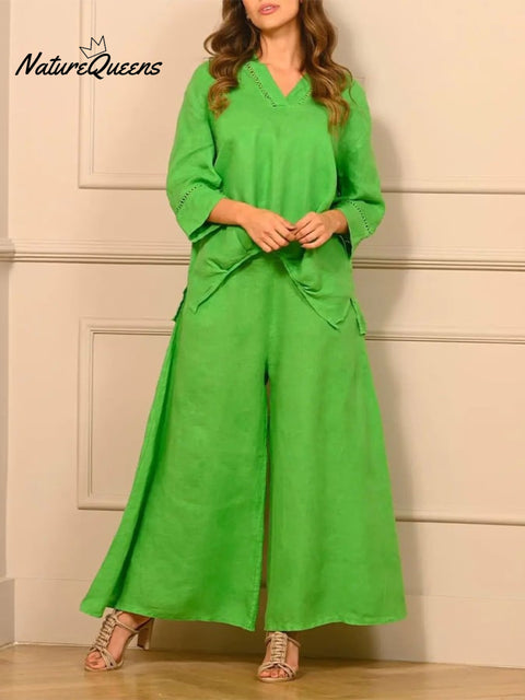 Women's Casual Solid Color Lace Splicing 7-point Sleeve V-neck Pleated T + Wide-leg Pants Set