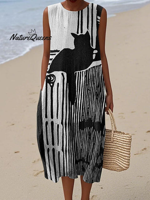 Women's Retro Geometric Black Cat Art Pattern Cotton And Linen Dress