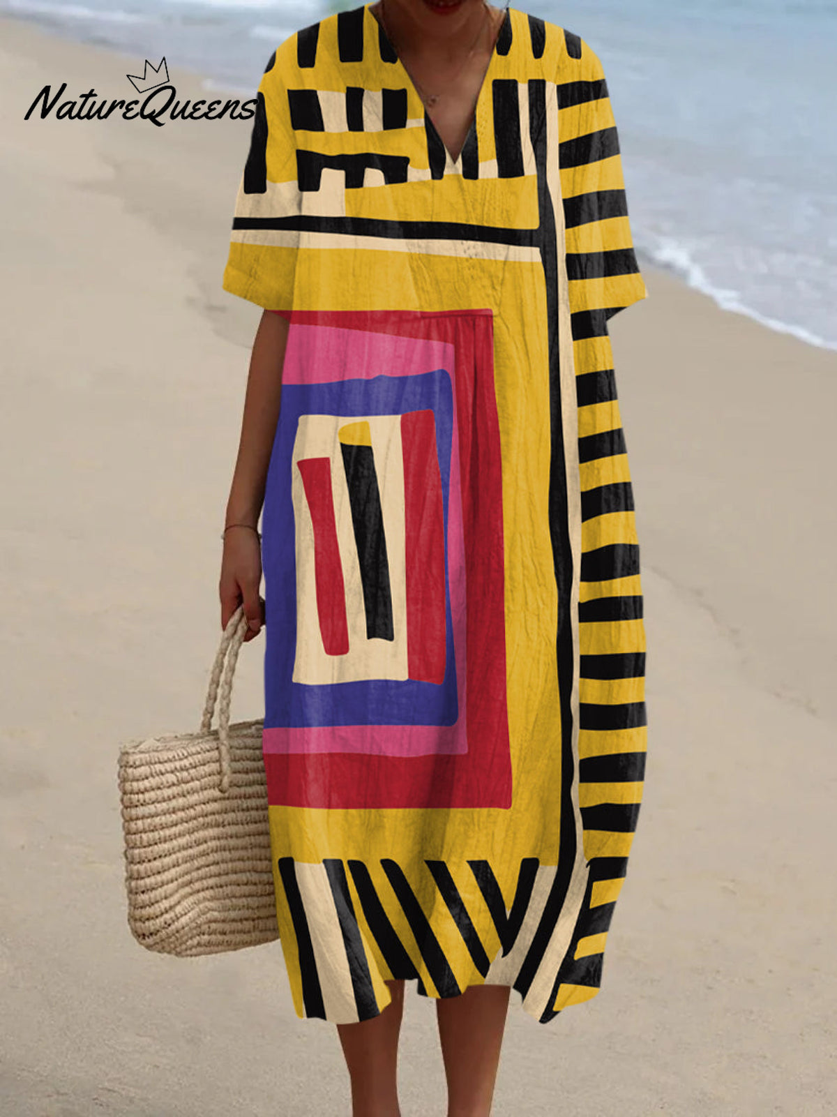 Abstract Painterly V-neck Resort Dress